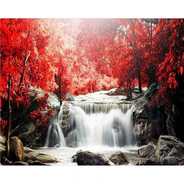 5D DIY Berlian bordir maple merah iairi iterjuni lanskap ilatari 