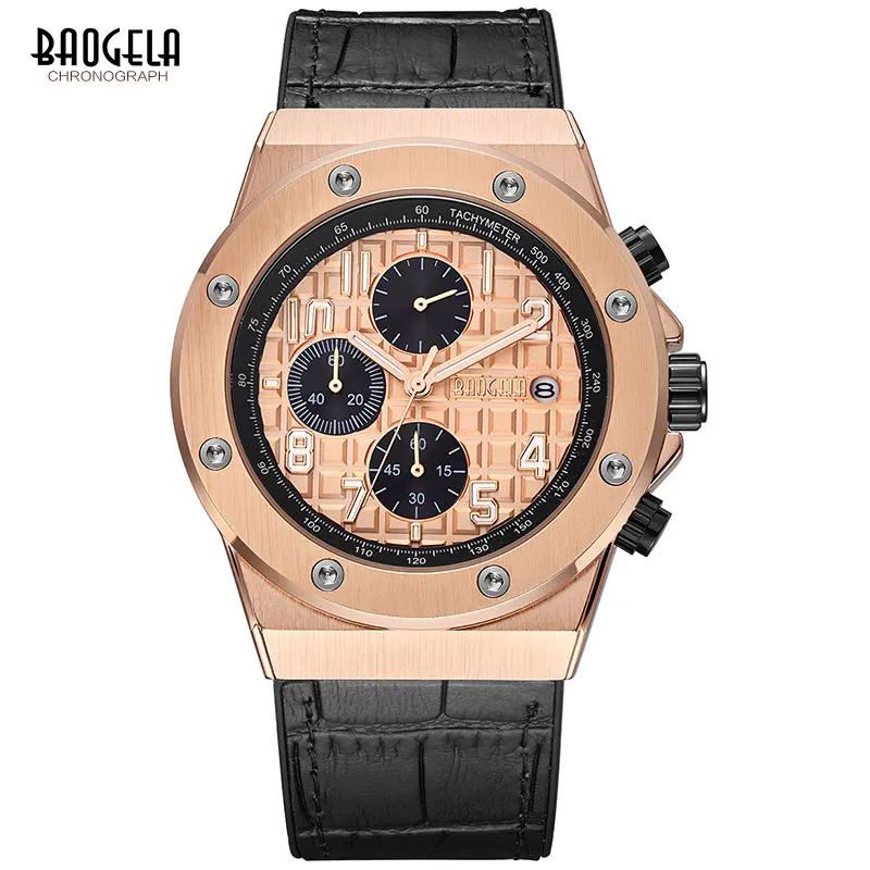 

BAOGELA Men's Sports Quartz Watches Leather Strap Army Chronograph Wristwatch Waterproof Luminous Relogios Clock Man 1805 Rose