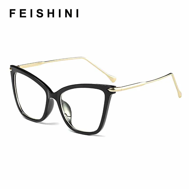 

FEISHINI Black frame Cat Eye Glasses Frame Women brand Clear Lens Transparent Eyewear frames Ladies Myopia Nerd eyeglasses frame