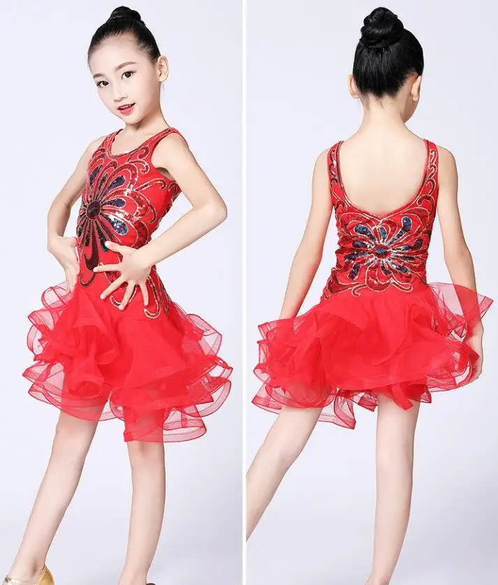 

New Children Latin Dance Skirt Sequins Mesh Latin Dance Stage Performance Clothing Girls Latin Tango Salsa Competition Dress Red