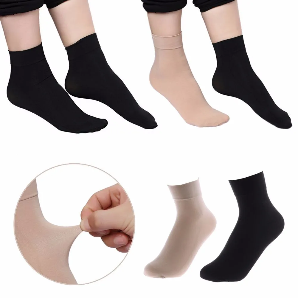 2Pairs Fashion Women Autumn Winter Warm Socks Ladies Girls Solid Color Wide Mouth Nylon Ankle Socks Black/Nude Short Socks