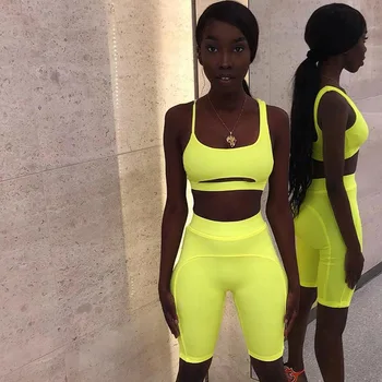 

Neon Yellow Camis Shorts Two Pieces Set 2020 Summer Women Hollow Out Streetwear Crop Tops Bodycon Suits Sexy Lady Club Outfits