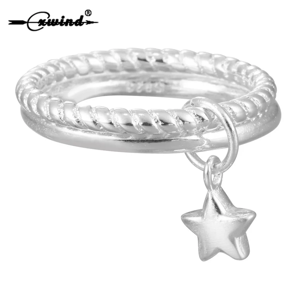 Cxwind New Silver Stars Pendant Double Layer Rings for Women Lovely Girls Christmas Gift Statement Twist Round Jewelry