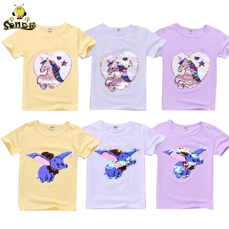 

Girls t shirt Magic Glitter Reverse sequin top Cartoon elephant unicorn t shirt Short Sleeve toddler girl shirt 4 8 10 Year