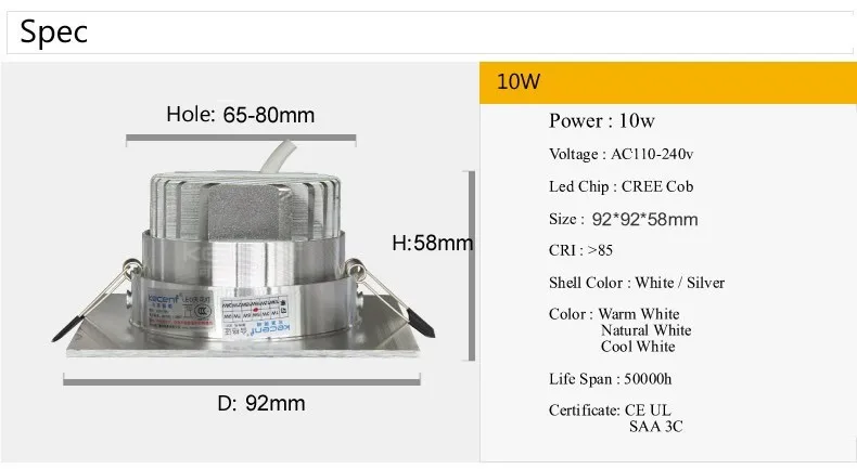 10 шт./лот сверхмощный алюминиевый светодиодный cob потолочный светильник с регулируемой яркостью AC110V-240V or12v 10 Вт светодиодный с квадратной cob-матрицей светильник(CE& ROHS