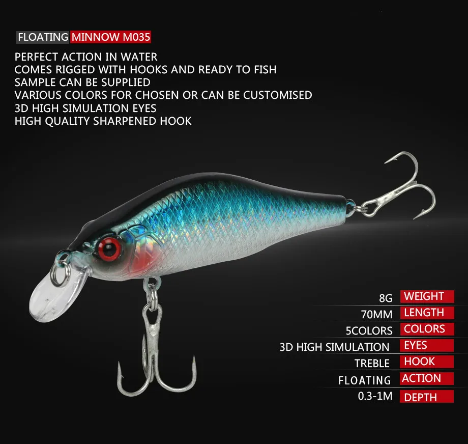 2.75/'/' Minnow Fishing Lures Crankbait Hook Bass Bait Tackle Long Shot 7cm 7g New