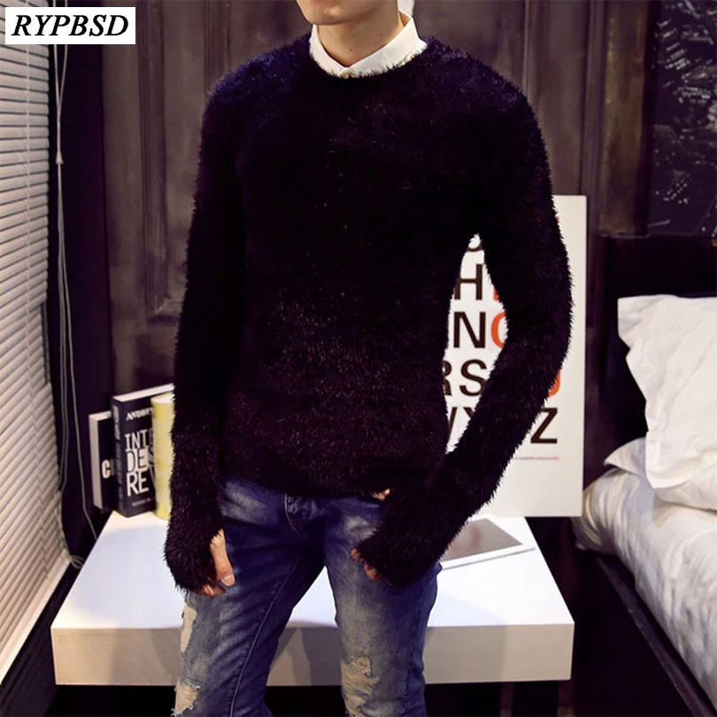 Mens Christmas Sweater Fall 2019 New Mohair Pure Color Men Warm Sweater Cotton Mens Sweaters Slim Cashmere Sweater Men