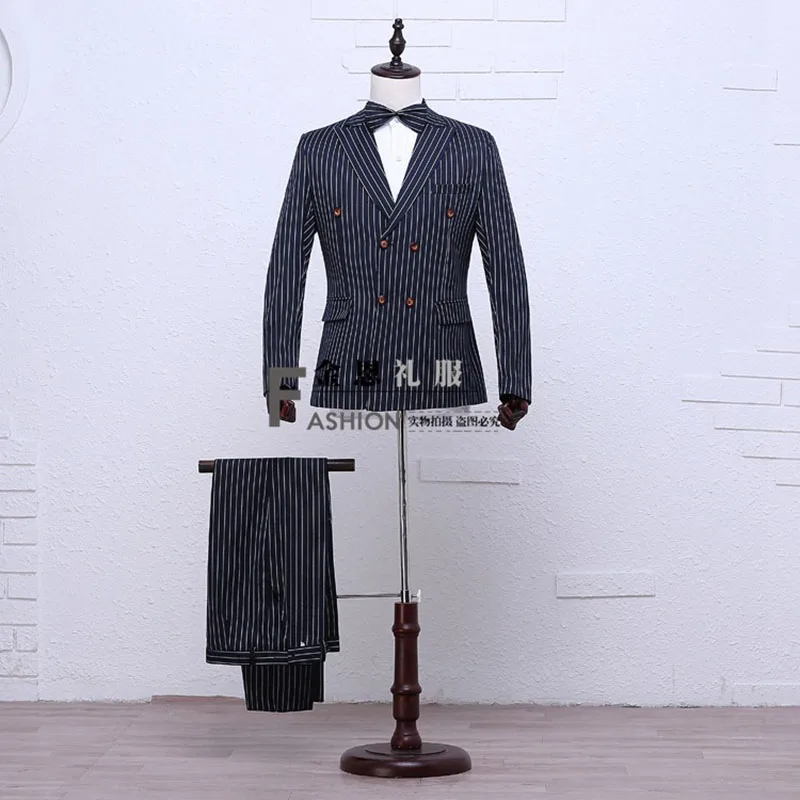 

Hot Sale 2017 Navy blue Long Sleeves White Stripe Suit & Blazer 18th Century Stage Performance Costumes For Men
