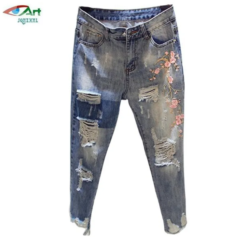JQNZHNL Spring Plus size 4XL hole jeans female summer new loose casual nine pants high waist