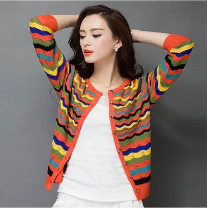 2017 Весенний Новый Женский вязаный кардиган свитера с круглым вырезом в полоску