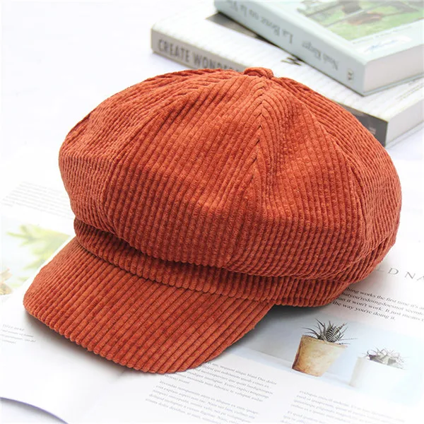 USPOP, хит, вельветовые Восьмиугольные шляпы, женские одноцветные береты, мягкие, Ретро стиль, newsboy, кепки, козырек, женские теплые зимние шапки - Цвет: Orange-red