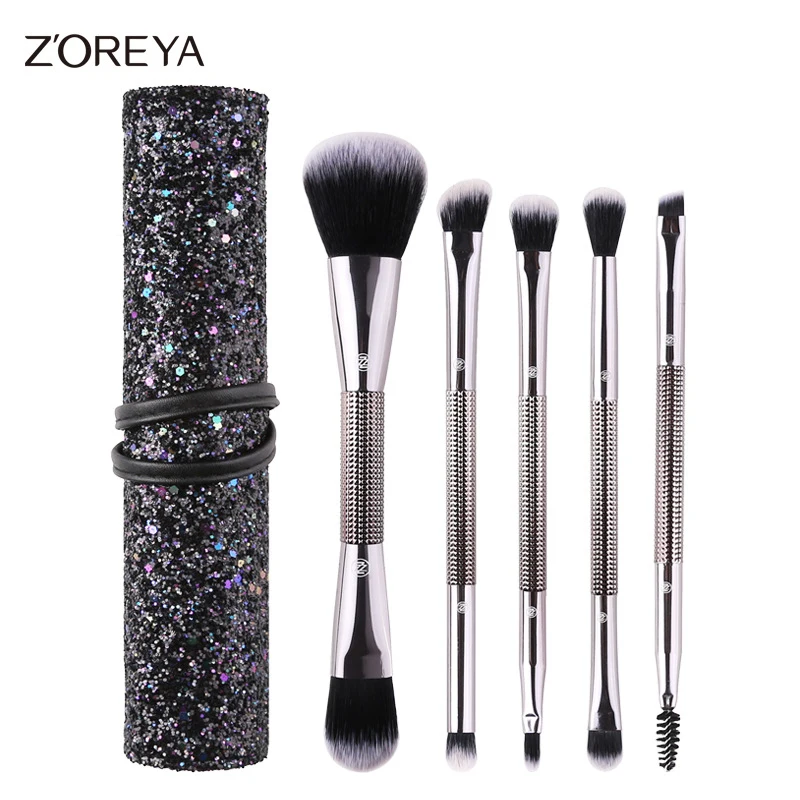 

Zoreya 5pcs Double Head Brush Set Powder Lip Eyebrow Eyelashes Cosmetic Tools with Shiny Bag
