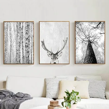 

Modern Scandinavian Wall Art Grey White Tree Canvas Painting Deer Animal Posters and Prints Pictures for Living Room Decoration