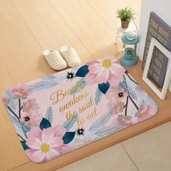 

High-End Fashion Floor Mat Pink Flowers Leaves Rectangle Stair Mats Living Room Microfiber Water Absorption Anti-Slip Door Mat