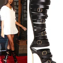Пикантные женские черные кожаные летние босоножки на металлическом каблуке с ремешками и пряжками высокие Гладиаторы с открытым носком и вырезами