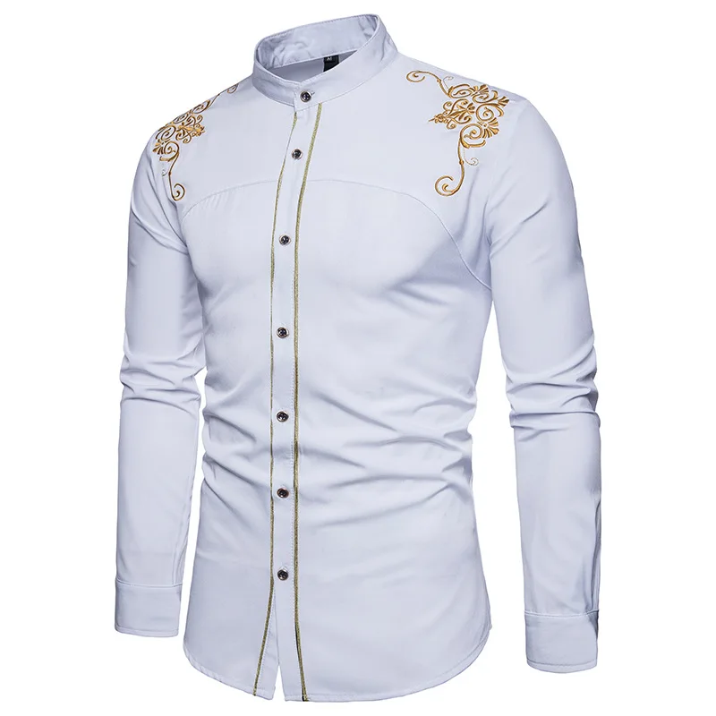 Meilleur IEF. GS hommes casual chemises à manches longues haute qualité hawaïen blanc slim fit chemise fleur mâle mmbroidery overshirt camisa homme