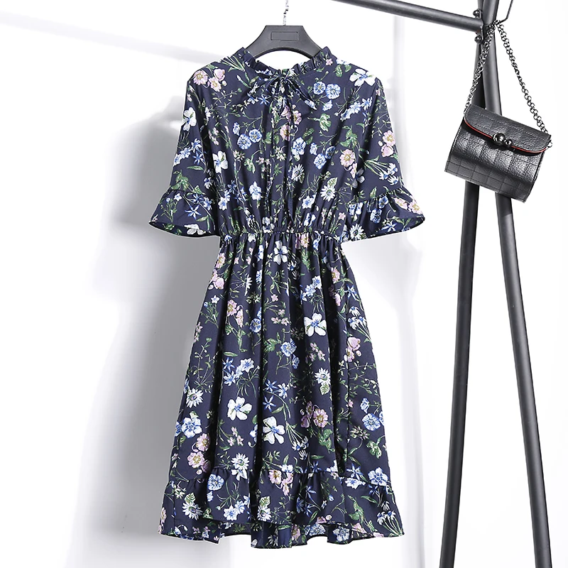 2018送料無料新ファッション花柄シフォンサマードレス甘い薄いスリム女性のワークウェアプリントドレスカジュアルかわいいホット