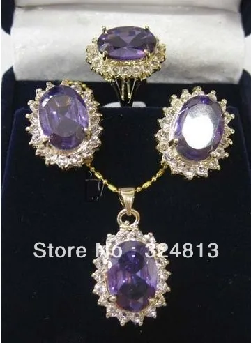 

Hot selling> Faceted Russican Amethyst pendant necklace earrings ring set -Bride jewelry free shipping