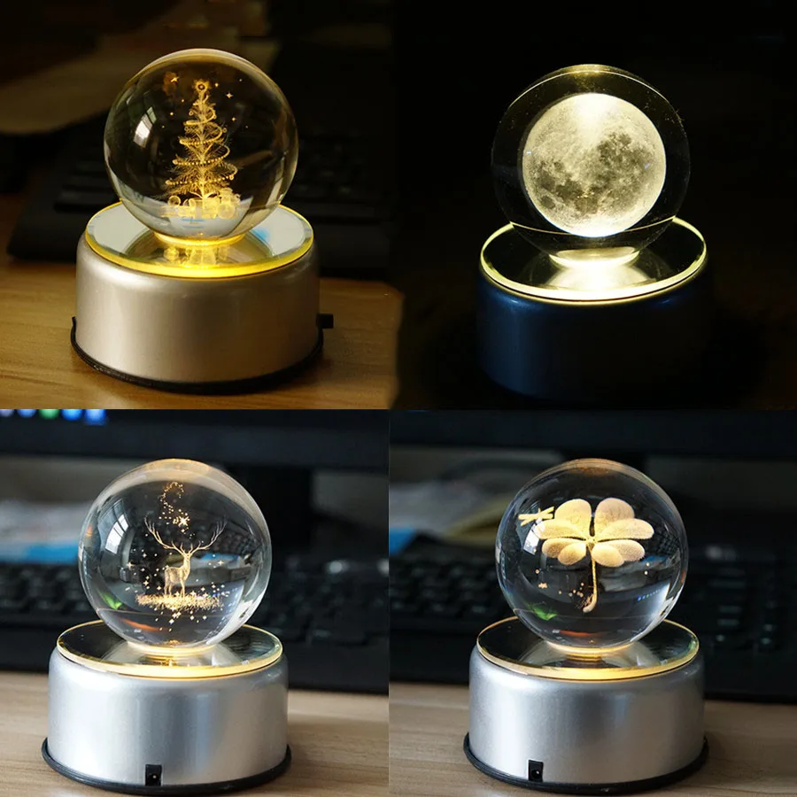 3D Rotation Crystal Ball Night Light Rotate Glass Ball LED Table Lamps