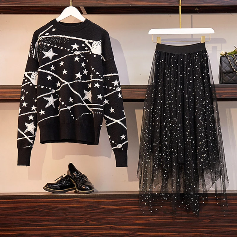 

SHTONGHUA 2019 Spring Ladies Runway Loose Pullover Sweater Top + Sequined Mesh Irregular Tulle Skirt Sets Autumn 2pcs Suit