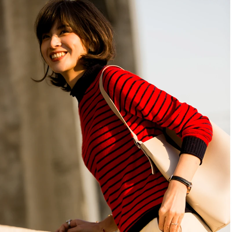 

JECH Winter Spring Cashmere Wool Sweaters New Casual Turtleneck Striped Women Long Sleeve Pullovers Plus Size Jumpers Knitted