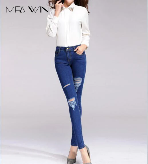 

Mrs win New Arrival 2017 Women Blue Hole Ripped Denim Jeans Pants Fashion Elastic High Waist Long Pencil Jeans Trousers Plus Siz