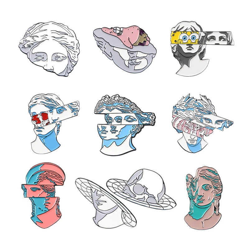 

10 Exaggerated Portrait Sculpture Enamel Brooch Sponge Bob UFO Plaster Art Statue Badge Denim Backpack Pin Artists Friends Gifts