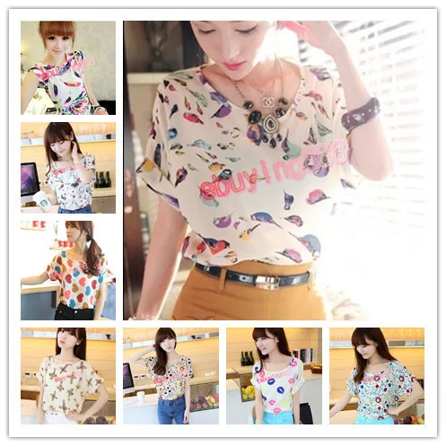 Sale New Women colorful Chiffon shirt batwing short sleeve prin Loose Blouses &amp shirts Tee Tops 2pcs/lot |