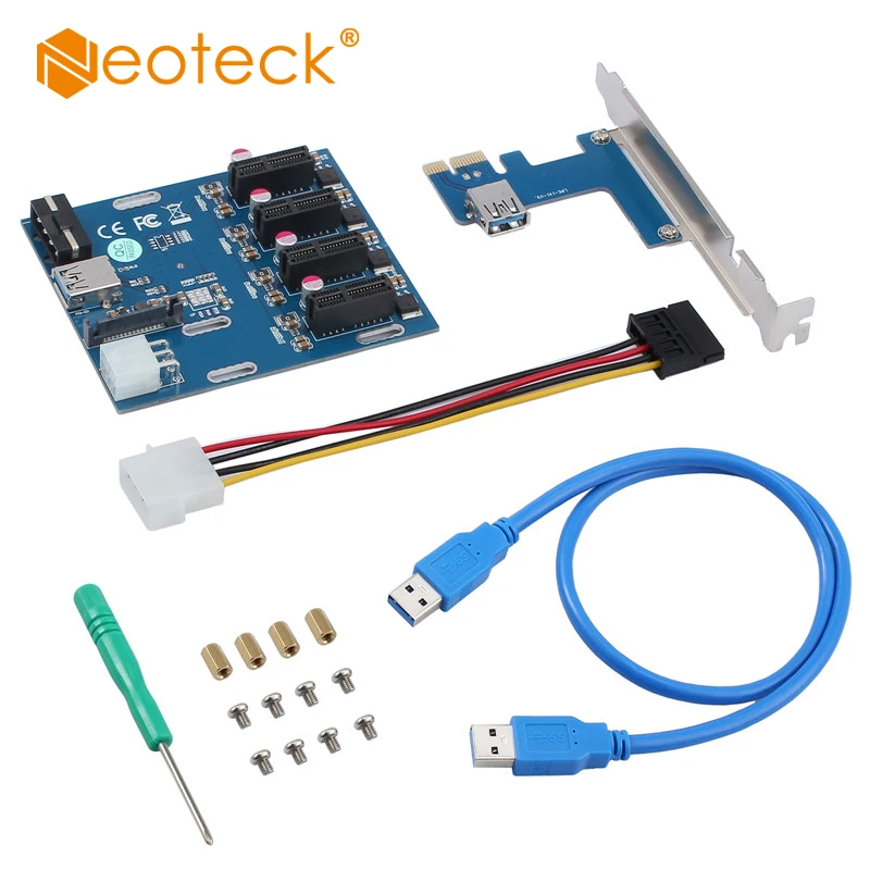 

PCI-E 1X Expansion Kit 1 to 4 Ports Switch Multiplier Hub Riser Card + USB Cable PCI express slot board