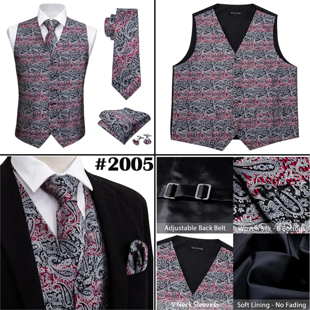 blazer for men wedding Designer Mens Classic Black Paisley Jacquard Folral Silk Waistcoat Vests Handkerchief Tie Vest Suit Pocket Square Set Barry.Wang casual blazer