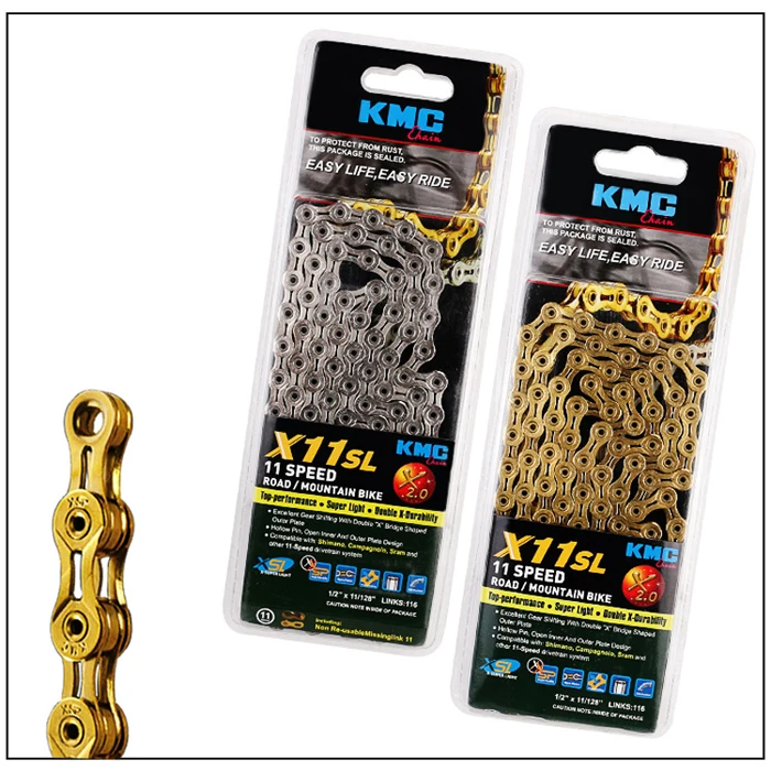Cheap KMC X11SL gold silvery bicycle chain 11 speed 116 links quick link full hollow 242g MTB mountain bike chain road 11 variable 2