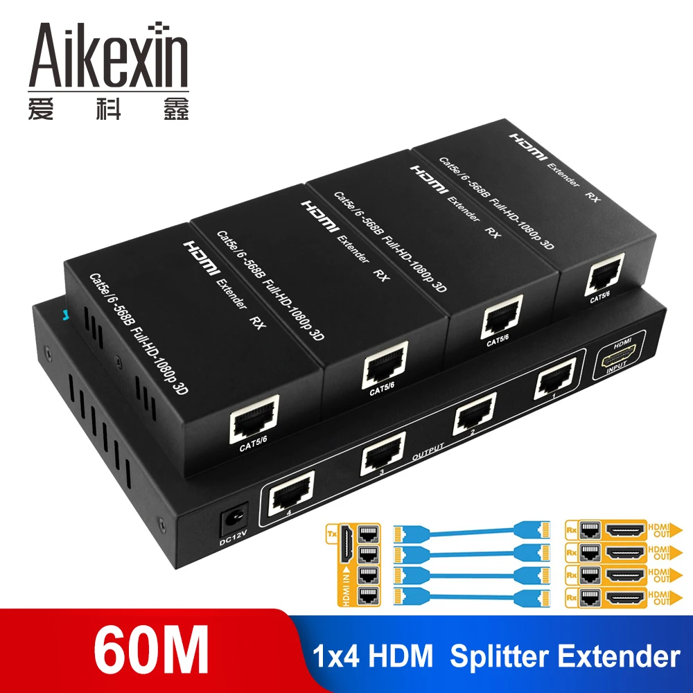 

Aikexin 1080P 1x4 4 port HDMI Extender Splitter Over CAT5e/CAT6 LAN Ethernet cable 195ft HDMI Extender 60m 1 to 4 HDMI Splitter