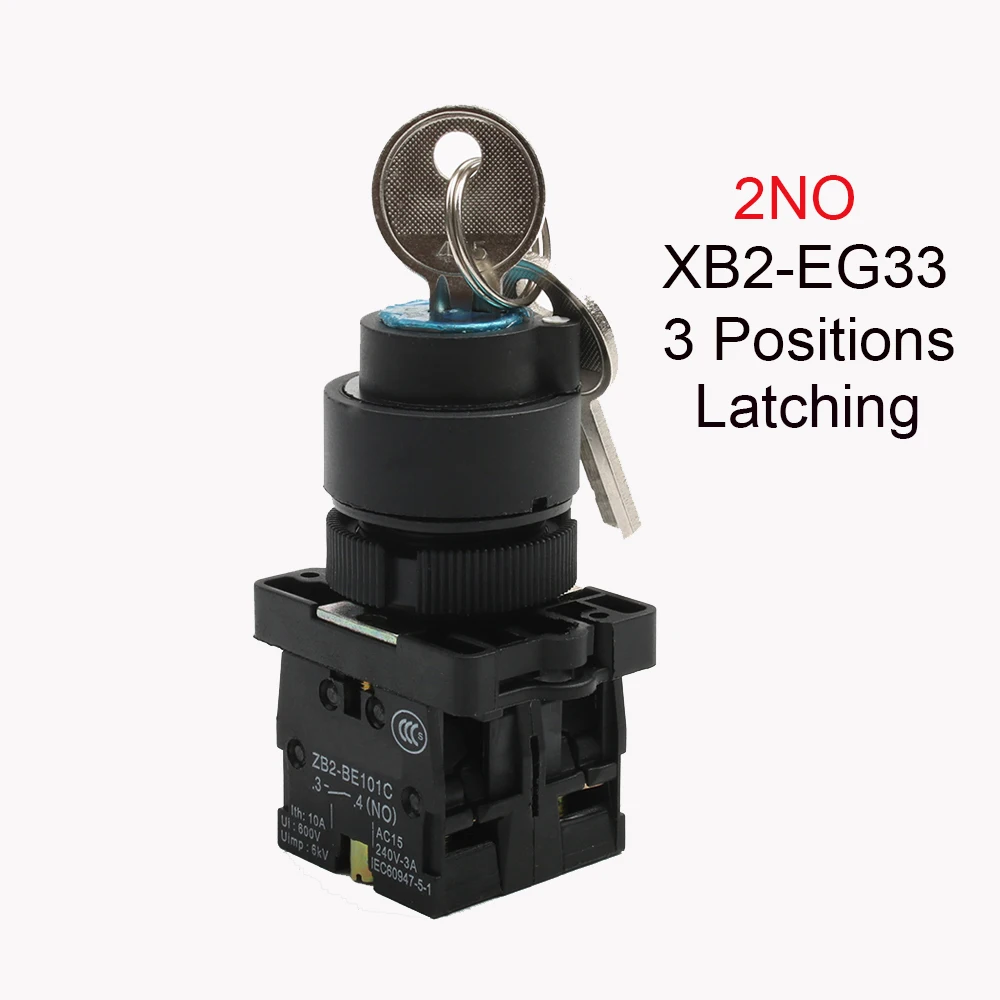 XB2-EG21XB2-EG33, 2/3 положения, управляемый ключом, 1NO/2NO, блокировка, самоблокирующийся селектор, кнопочный переключатель 22 мм