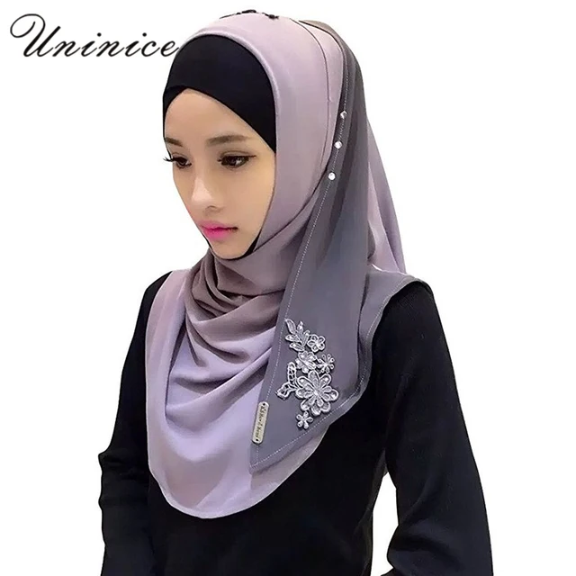 Buy Muslim Women Hijab Crystal Hemp Embroidery Scarf Hooded Instant Wraps