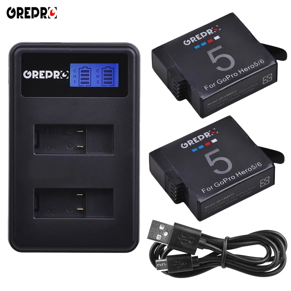 GREPRO 2pcs 1260mAh GoPro Hero 5 GoPro Hero 6 Camera Battery+LCD Dual
