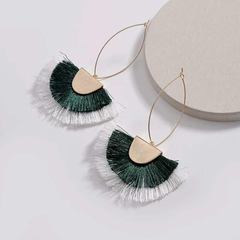 

Huidang Trendy Double Layer Two Color Tone Block Fringed Tassel Drop Earrings Female 2018