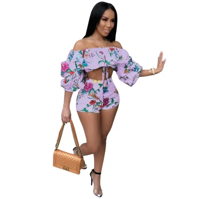 

Women Two Pieces Set Jumpsuits Sexy Strapless Crop Top and Shorts Playsuits Fashion Floral Printing Combinaison Short Femme
