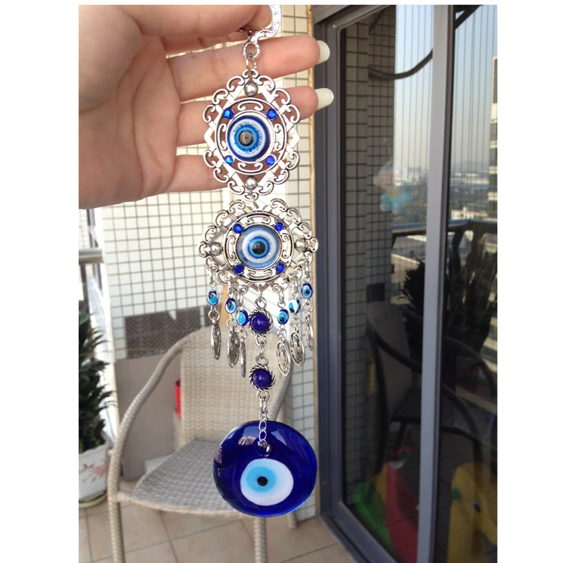 Turkish Evil Blue Eye Glass Charm Metal Wall Hanging Amulet Nazar