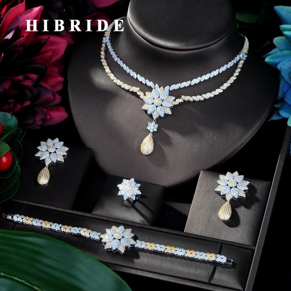 

HIBRIDE 2 Tones 4pcs Bridal Zirconia Jewelry Sets for Women Party, Luxury Dubai Nigeria CZ Flower Shape Wedding Jewelry SetN-124