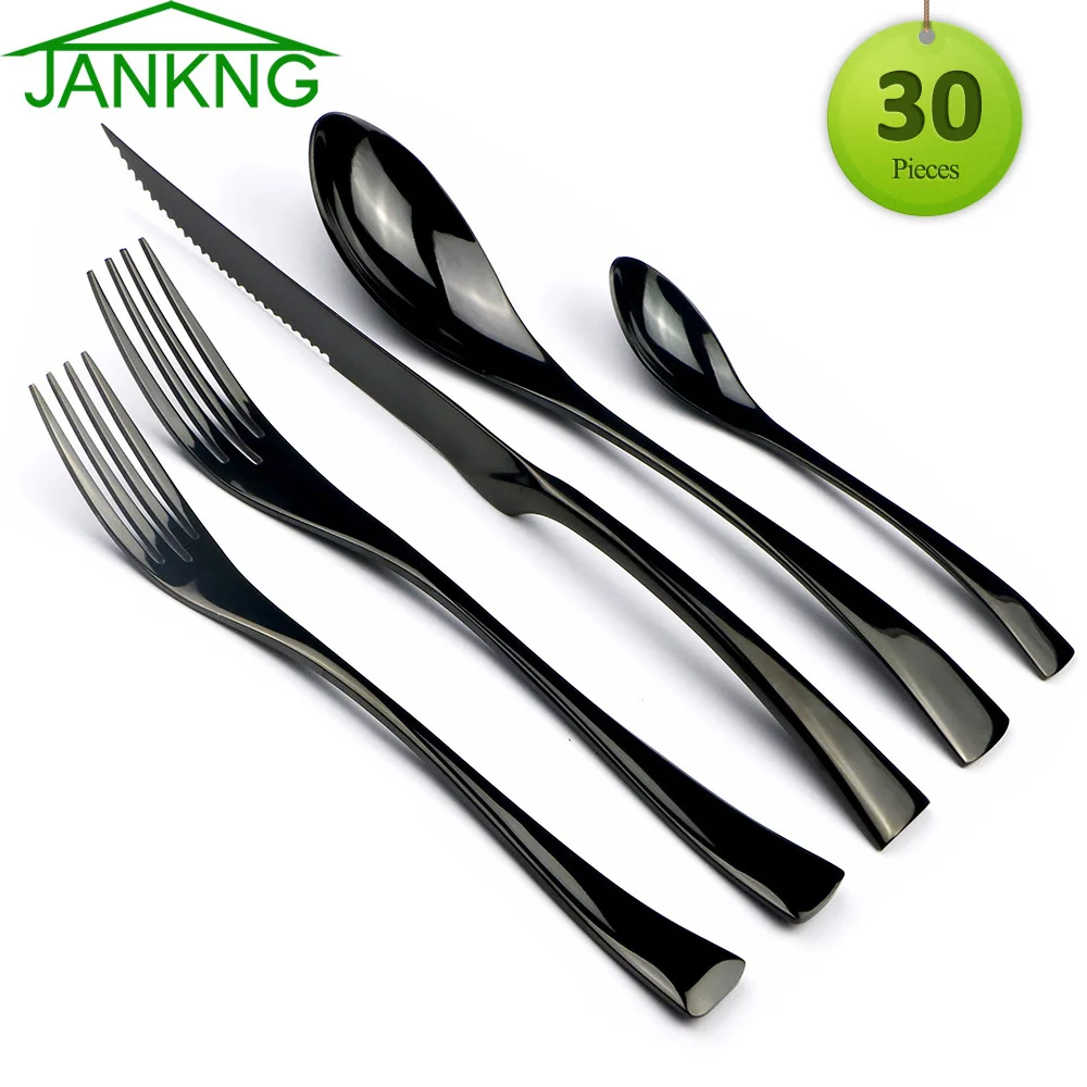 

JANKNG 30Pcs/Set Cutlery Set 18/10 Stainless Steel Black Dinnerware Serrated Sharp Steak Knife Tableware Set Service For 6