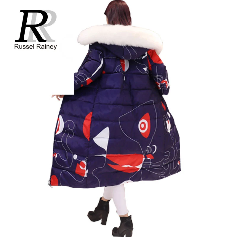 

RR 2016 Fashion Printing Faux Fur Collar Hooded Coats Women Thick Warm Slim Jackets Winter Long Down Cotton Parka Coat Plus Size