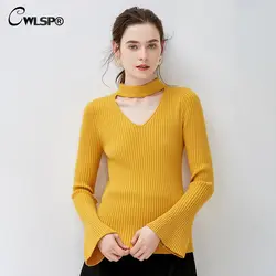 CWLSP 2018 осень V шеи свитер в рубчик для Для женщин вязать короткий женский пуловер выдалбливают Flare рукавом 7 цветов в Корейском стиле styleQZ3082