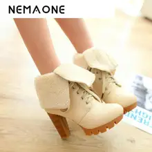 Новинка для женской зимы: утепленные модные пикантные зимние сапоги на половину со шнуровкой на высоком каблуке размеры: 34–39