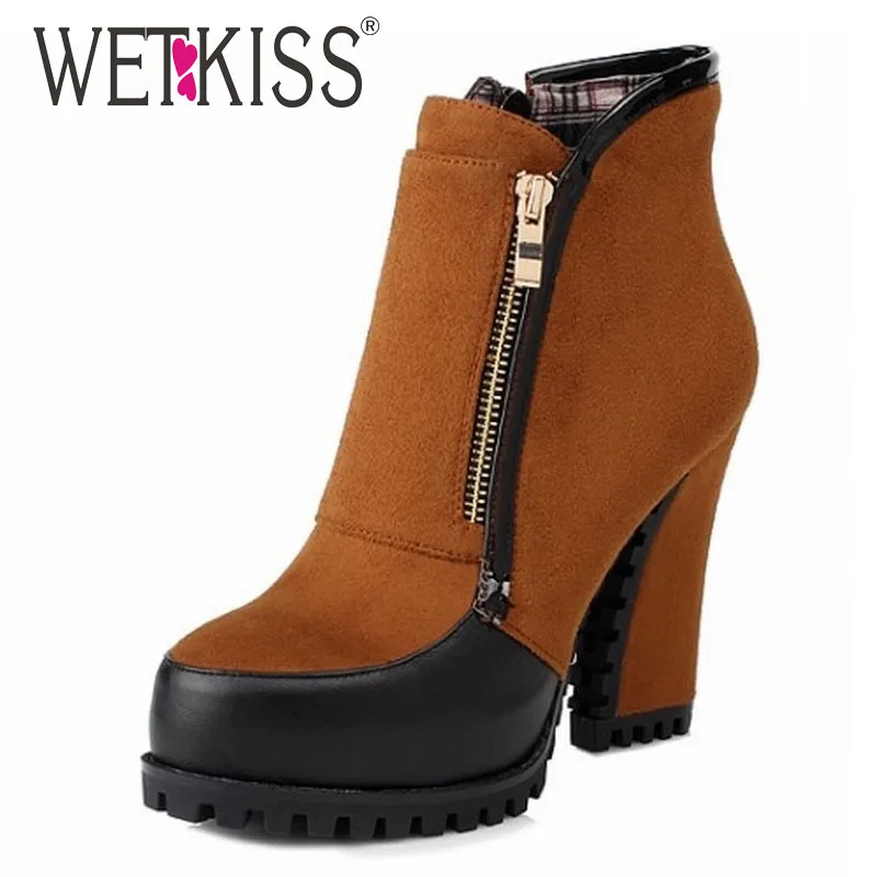 WETKISS 2016 Thick High Heels Snow Boots Ankle Boots For Women Zip Metal Sexy Boots Winter Shoes High Thick heels Platform Boots