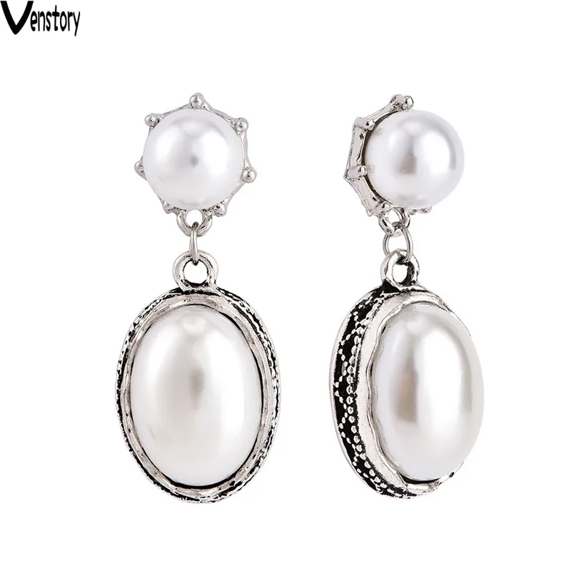 

Venstory oval simulated pearl earring sliver plated for woman fashion jewelry