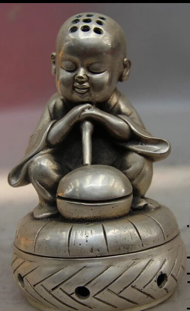 

R0722 Details about China Buddhism Tibet Silver Buddhist monk Muyu Incense Burner Censer Statue