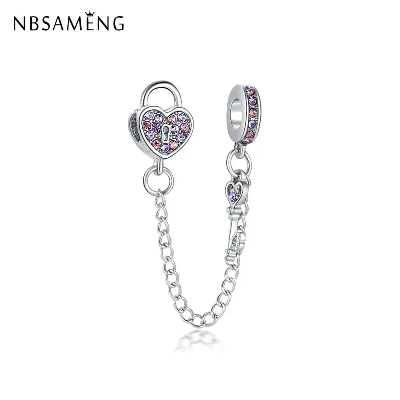 Vintage Silver Plated Beads Charm Sparkling Lock Your Love Safety Chain Charms Fit Original