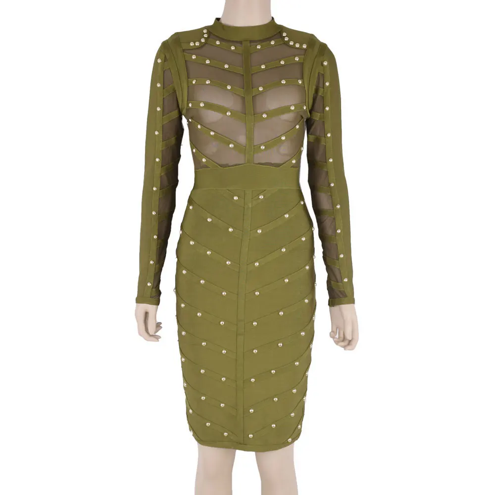 Новинка года. Сексуальное Женское облегающее платье до колена с длинным рукавом, украшенное бусинами и сеткой. Цвета: черный, оливковый, зеленый, красный - Цвет: Olive Green