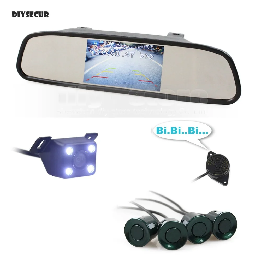 

DIYSECUR 4.3inch Car Mirror Monitor + 4 x LED Color Night Vision Rear View Car Camera Video Parking Radar 4 Sensors