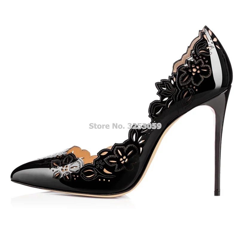 ALMUDENA/белые и черные свадебные туфли из лакированной кожи на высоком каблуке с вырезами и цветочным узором туфли-лодочки на шпильке с острым носком без застежки с цветочным узором